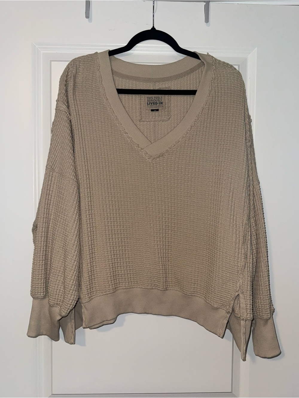 American Eagle Oversized V-Neck Waffle Knit Sweater in Taupe